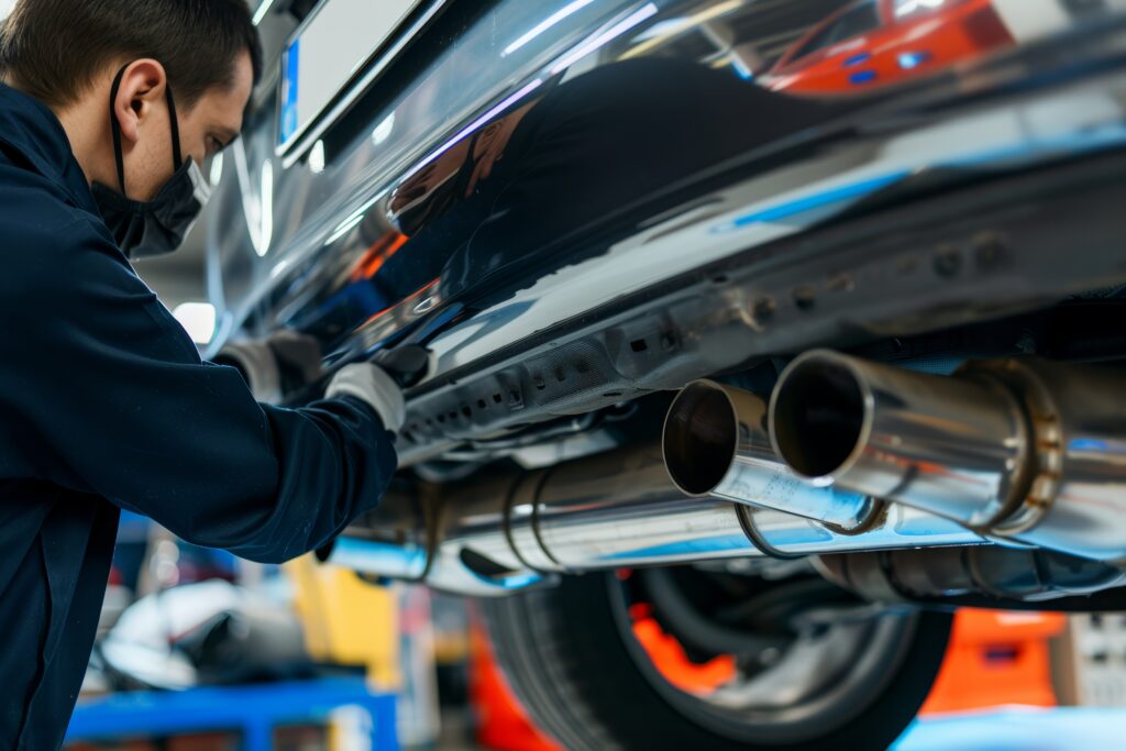 Professional Auto Technician Installing Custom Exhaust System for Enhanced Car Performance and Sound Exhaust System