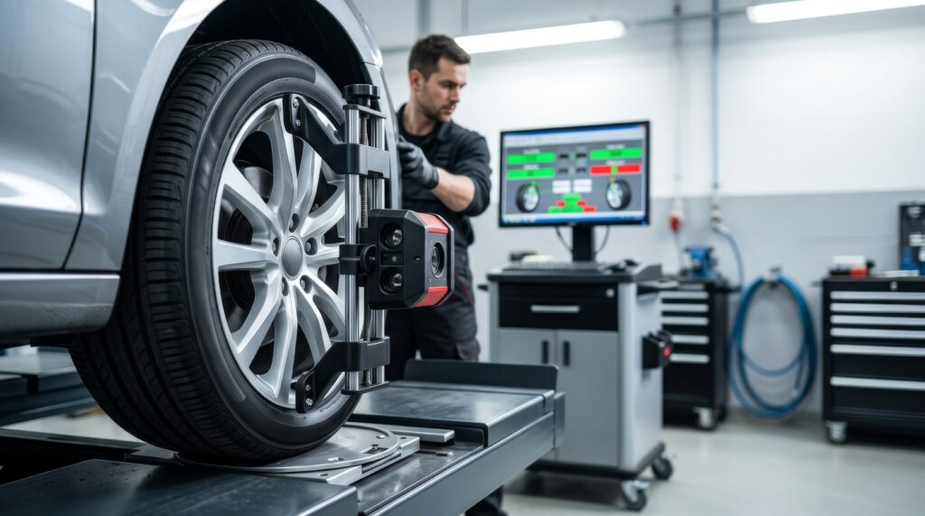 Mechanic performing wheel alignment Mechanic performing wheel alignment