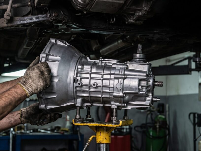 Professional mechanic's hands installing a shiny silver car transmission in an auto repair shop. Focus on automotive service, vehicle maintenance, and gearbox repair. Professional mechanic's hands installing a shiny silver car transmission in an auto repair shop. Focus on automotive service, vehicle maintenance, and gearbox repair.